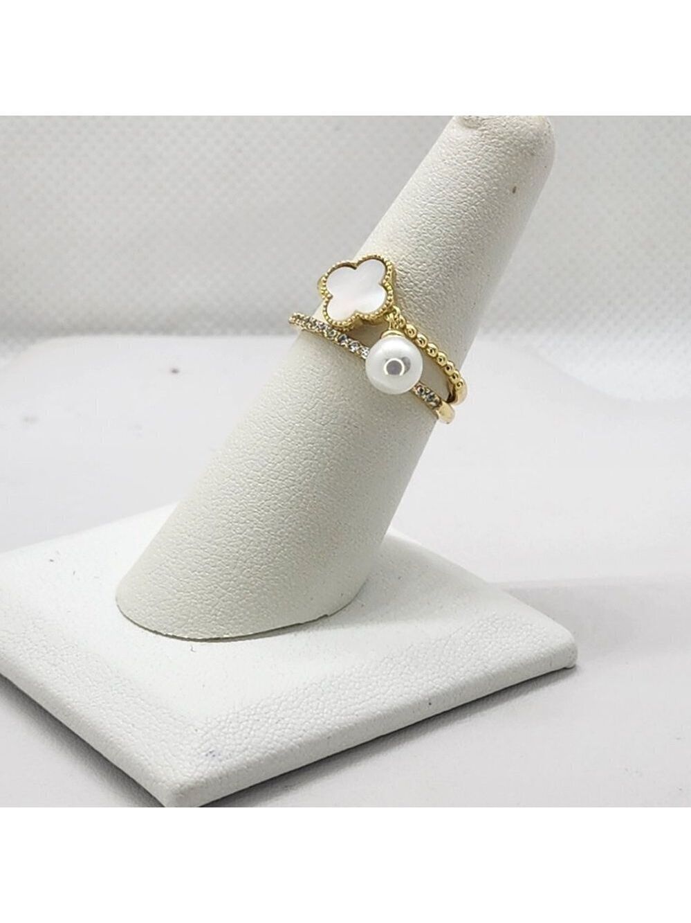 Brand New Sterling Silver 925 White Opal Clover Pearl 2 pc Ring - Picture 4 of 5